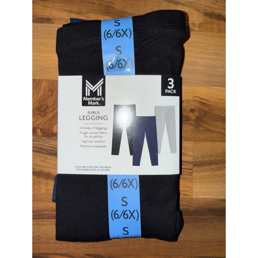 Member's Mark Leggings Girls Size S 6/6X Black Navy Gray New 3-Pack Cotton Blend